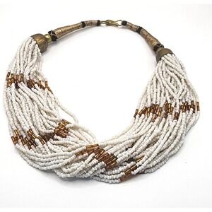 Vintage Torsade Glass Seed Bead Boho Choker Statement Artisan White Gold Tone